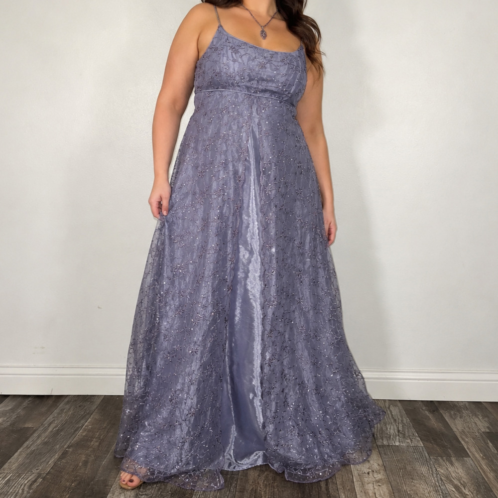 Vintage Lavender Beaded Embroidered Formal Maxi Dress Prom Evening Gown XL